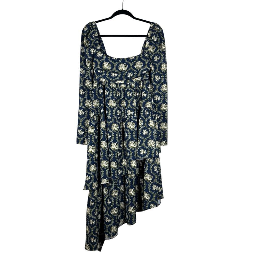 WeWoreWhat Floral Asymmetrical Tiered Midi Dress Blue Dark Romantic Event Size 8